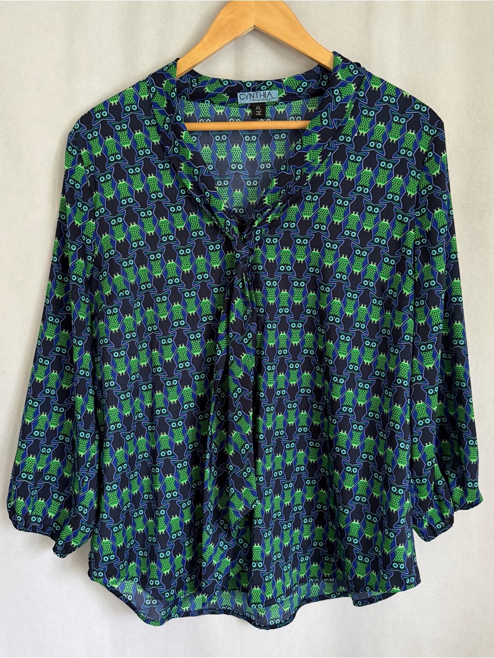 Cynthia Rowley Blouse Womens XL Multicolor Owl AOP V Neck Long Sleeve Top Office